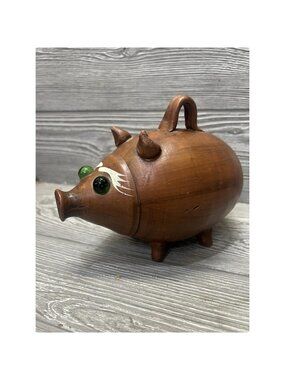 Clay Pottery Piggy Bank Brown with Green Eyes Mexico Vintage 8” X 5.75”